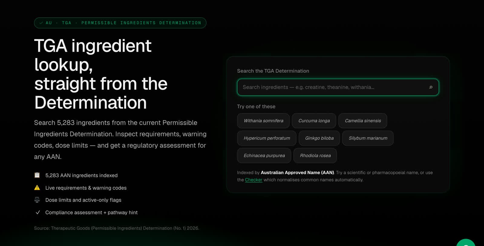 MARCO TGA ingredient lookup with live requirements and dose limits