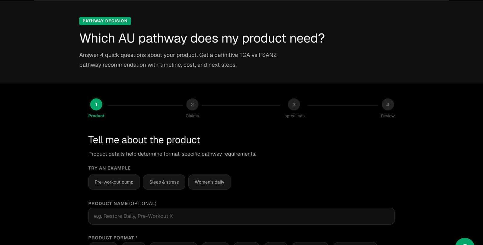 MARCO Pathway Advisor — step-based TGA vs FSANZ decision wizard